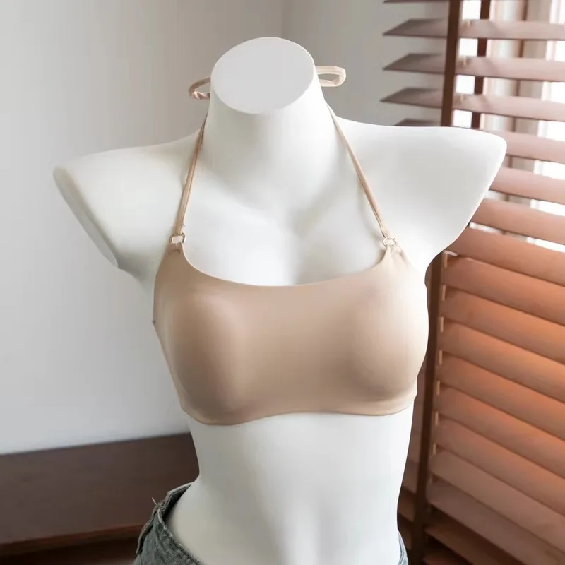 Simple Seamless Backless Halter Bra Women Wireless Push Up Anti-Sagging Soft Comfort Daily Home Office Wear S M L XL Size Bra