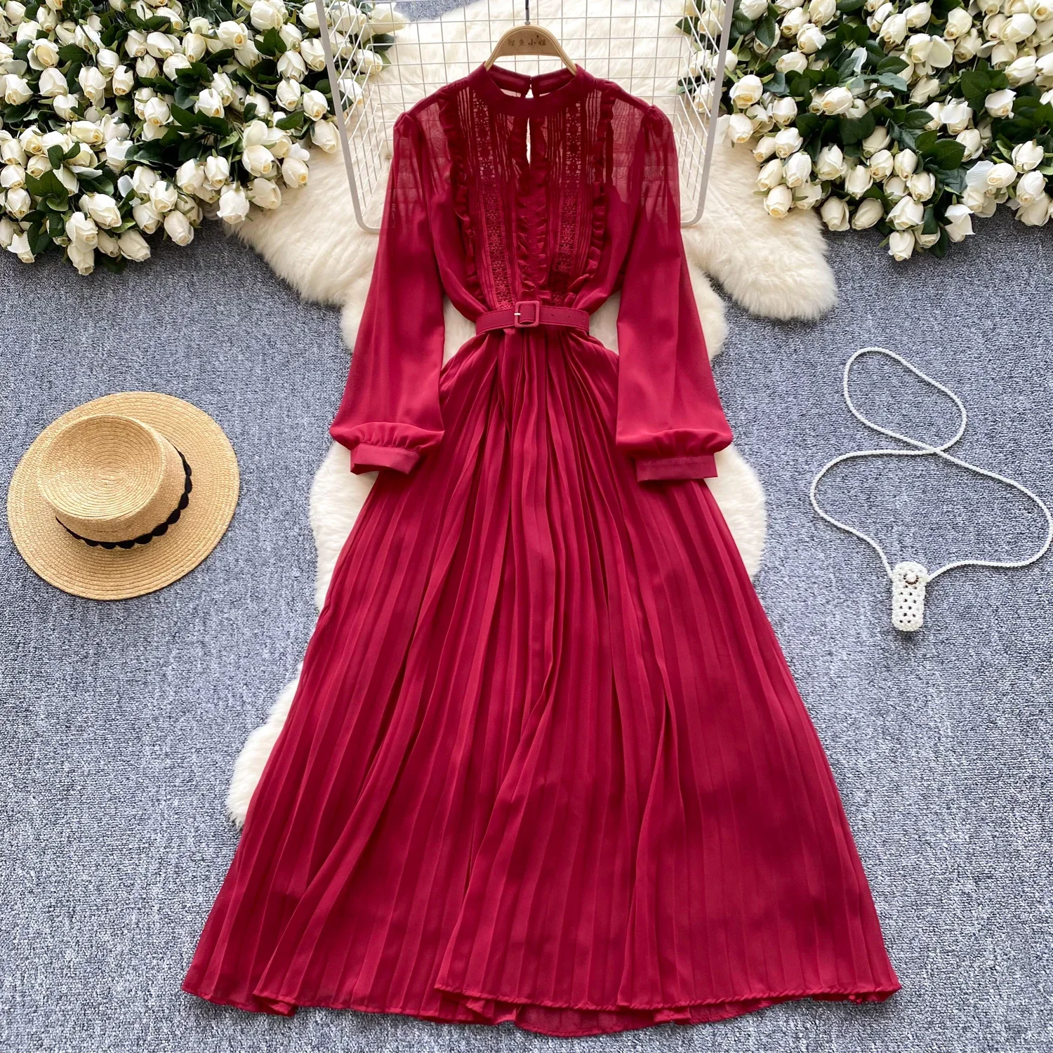 Chic Korean Fashion Mesh O-Neck Sashes Long Sleeve Edible Tree Fungus Ruched Slim Dress Vintage Women Evening Autumn Clothing