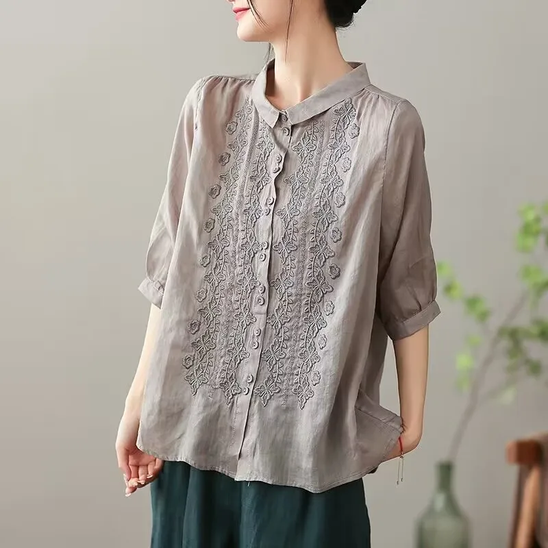 

Half Sleeved Embroidery Cotton Ramie Shirt Women 2024 Spring Summer Large Size Casual LooseTops Female Comfortable Clothes X1076