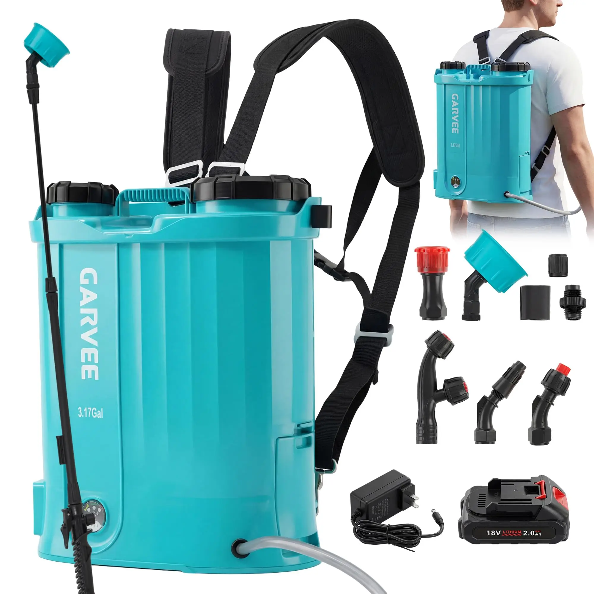 3.17 Gallon Battery Powered Backpack Sprayer – 0-65 PSI Adjustable Pressure, 18V 2Ah Rechargeable Battery, 5 Nozzles & Spray Wand, Wide Mouth Lid for Weeding, Gardening & Lawn Care