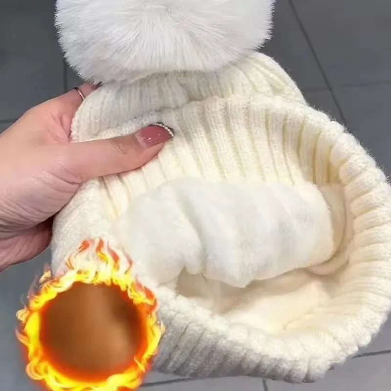 

Winter Knitted Woolen Hat Women Warm Beanies Top Wool Ball Plush Thermal Knit Hat Pullover Skullies Outdoor Cold-proof Ears Cap