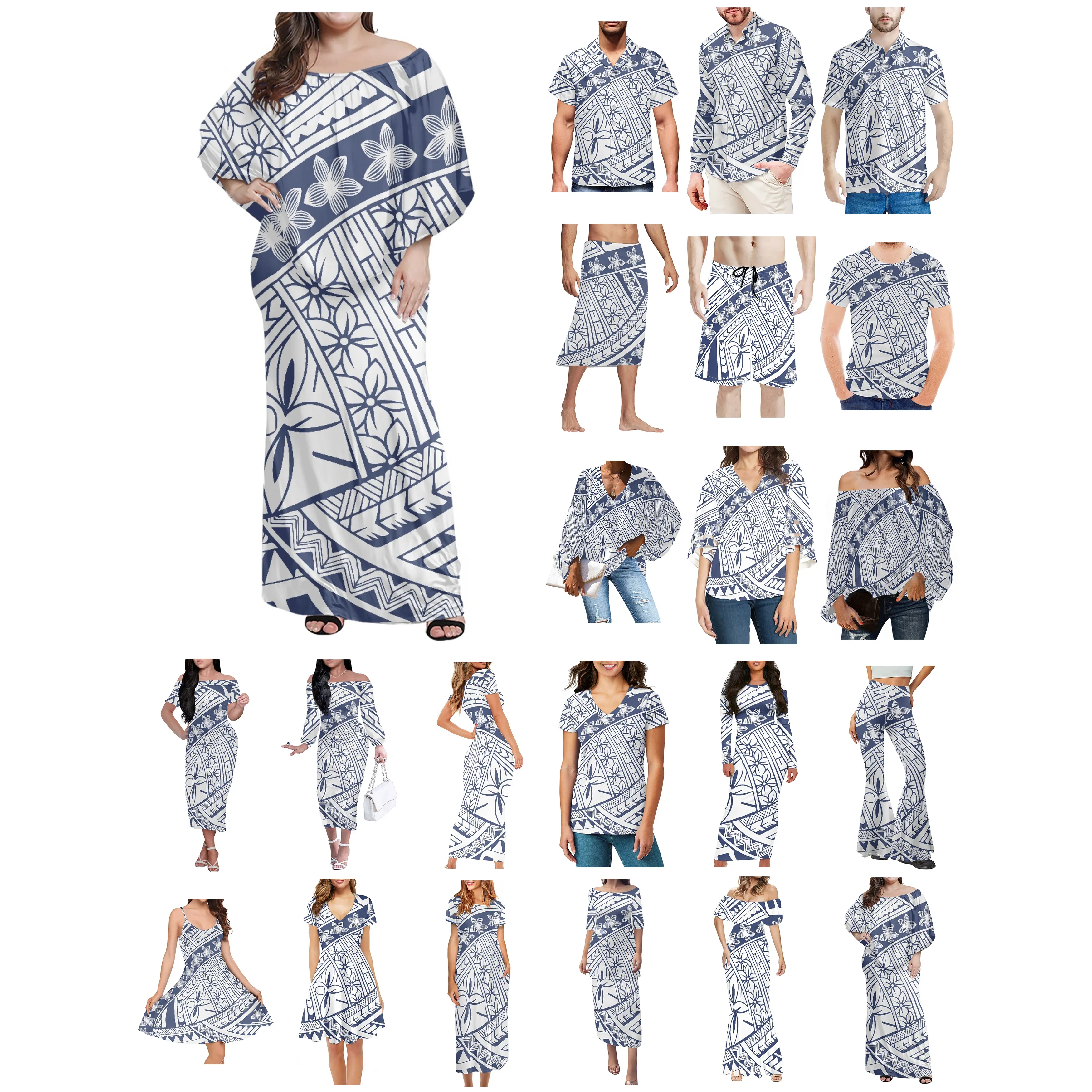 Polynesian Tonga Hawaii Fiji Guam Samoa Pohnpei Tribal Tattoo Prints Clothes Women Dress Matching Men Shirt Blue Lovers Clothes