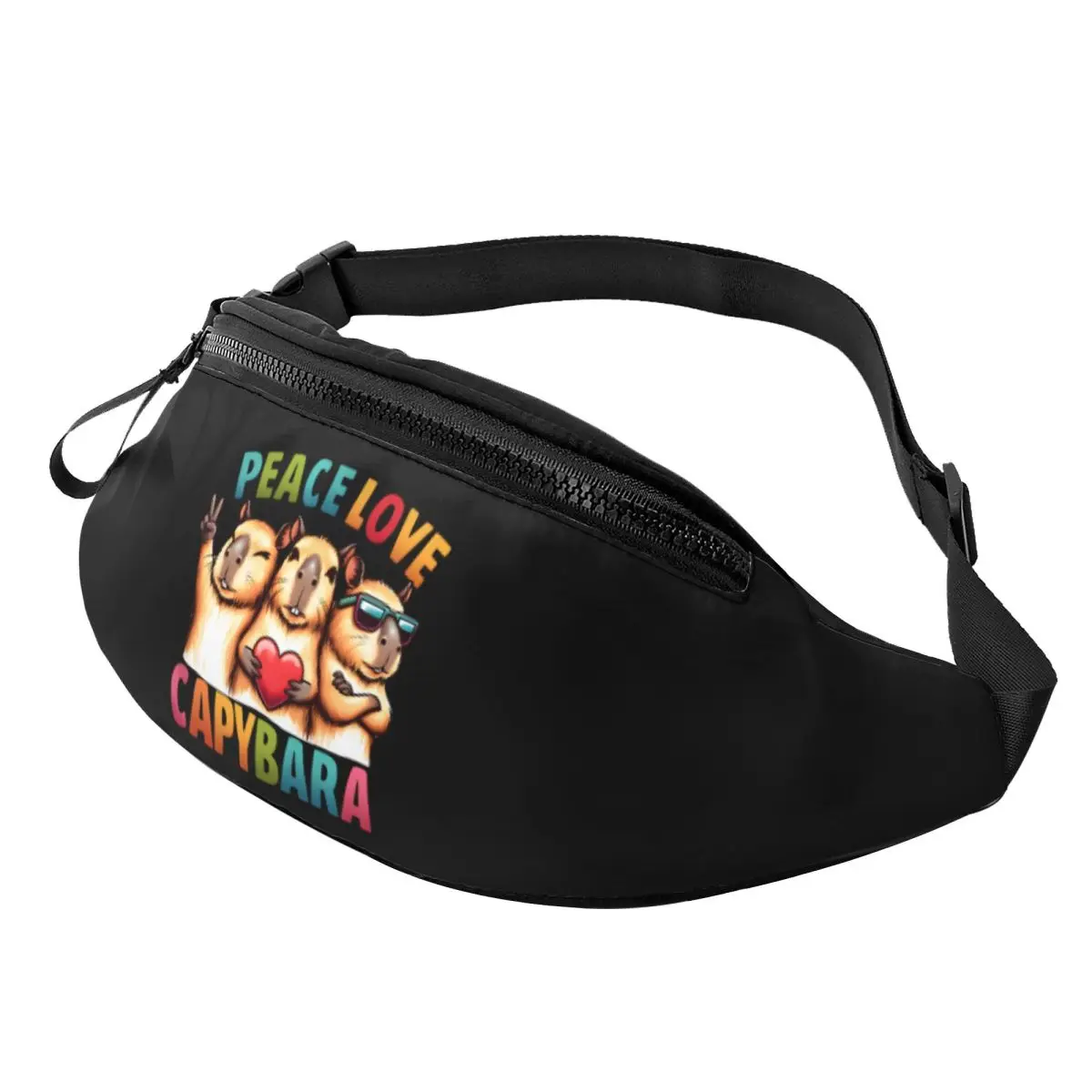 Custom Peace Love Capybara Fanny Pack Men Women Casual Crossbody Waist Bag for Traveling Phone Money Pouch