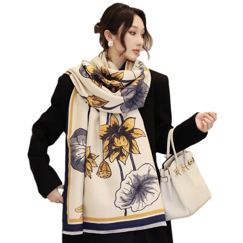 Stampa di lusso Fiore Wrap Chal Morbido Mujer Bufanda Pashmina Scialli da donna Imitazione Sciarpa di cashmere Nappe Silenziatore Poncho Mantello