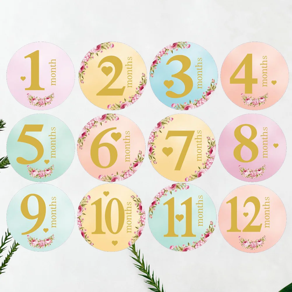12 قطعة ملصقات معلم شهرية لتعقب نمو الطفل جولات لاصقة لدعائم التصوير الفوتوغرافي لحديثي الولادة تذكارات عطلة الرضع #3