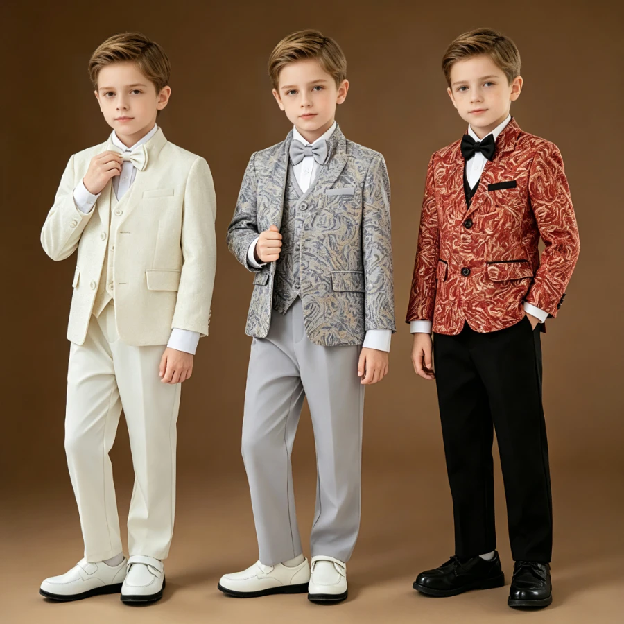 Teen Boys Marble Jacquard 3-Pcs Suit Set Blazer Vest Pants with Bow Tie School Kids Luxury Formal Party Performance Outfit 4-14Y