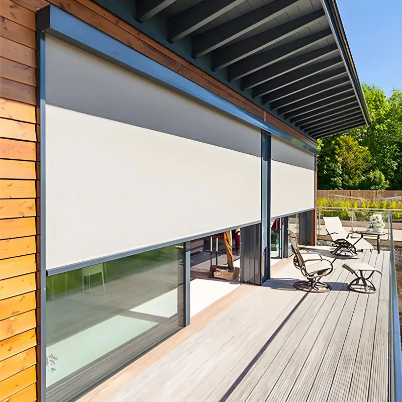 Modern Windproof Outdoor Blinds. Sleek Waterproof Design. Sun & Privacy Screen. Enhances Patio & Garden Decor.