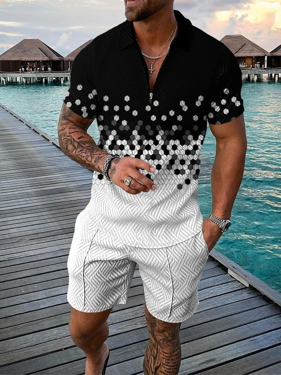 2023 nowa letnia męska zestaw szortów z krótkim rękawem Zip koszulka Polo Street T-shirt dwuczęściowy odzież sportowa