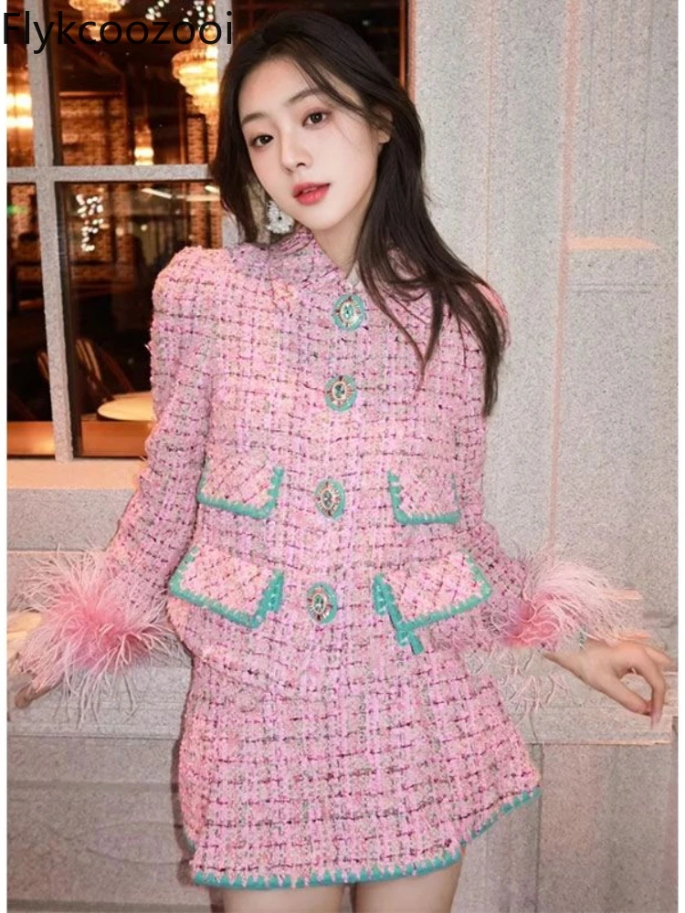 Pink Elegant Tweed Ostrich Feather Romantic Short Coat Suit 24 Winter Conjunto Moletom Feminino Two Piece Sets Womens Outifits