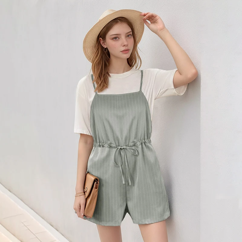 

Womens Light Grey Vertical Striped Spaghetti Strap Drawstring Waist Romper Fashion Comfortable Summer Casual Daily Playsuit