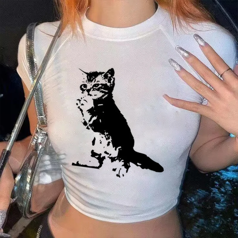 Vintage Cat Print Women Casual Baby Tee Streetwear Aesthetic Short Sleeve T-Shirt Y2k Clothes Gothic Emo Girl Croped Tops