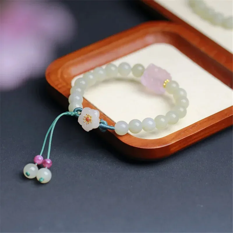 

Natural Round Hetian Jade Yuqing Material Beads Bracelet Lovely Pink Quartz Matching Petal Adjustable Versatile Women Jewelry