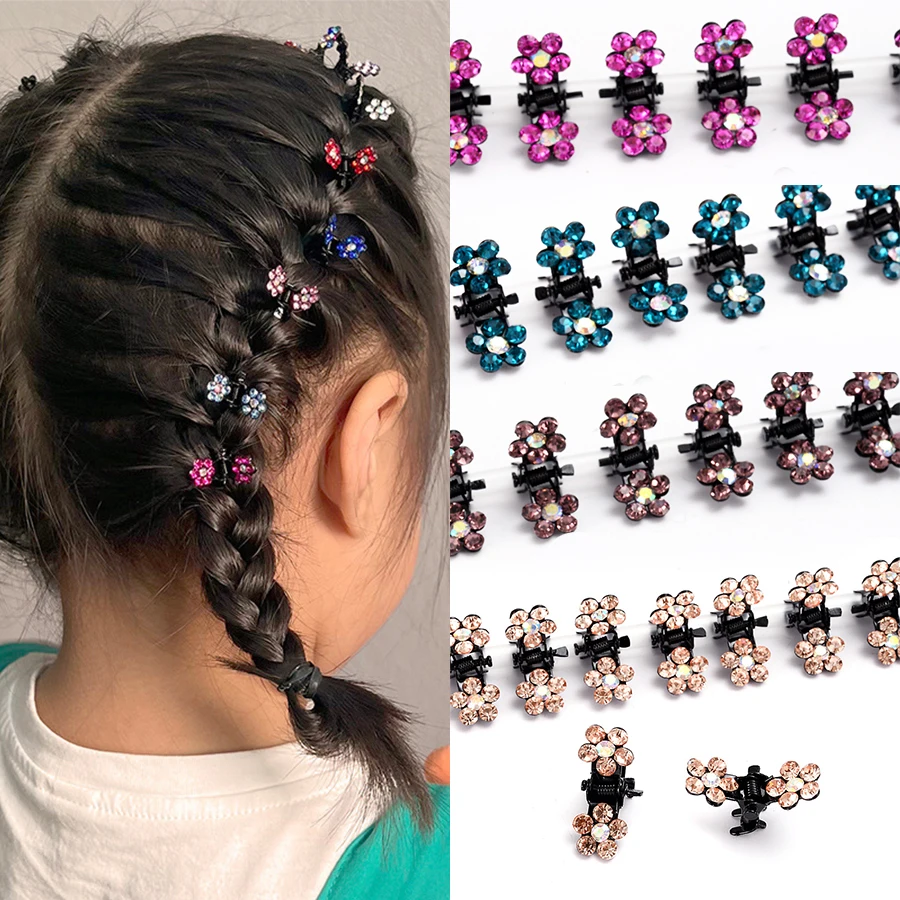 12Pcs/Lot 1*2cm Small Mini Colorful Glitter Rhinestone No-Slip Flowers Metal Hair Claws Hair Accessories For Girls Hair Clips