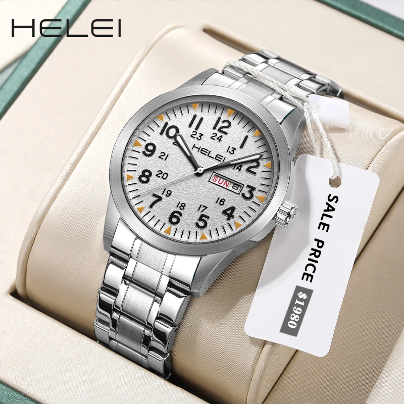 

HELEI New 2024 Watch for Man Date Week Waterproof Luminous Casual Sports Quartz Mens Watch Quartz Stainless Steel Male Clock