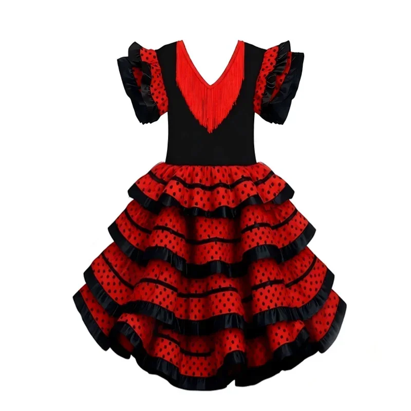 Spanisches Flamenco-Tanzkostüm für Kinder, rotes und schwarzes langes Kleid, Mädchen-Karnevals-Bühnenoutfit für Festival-Cosplay-Party – Detail 5