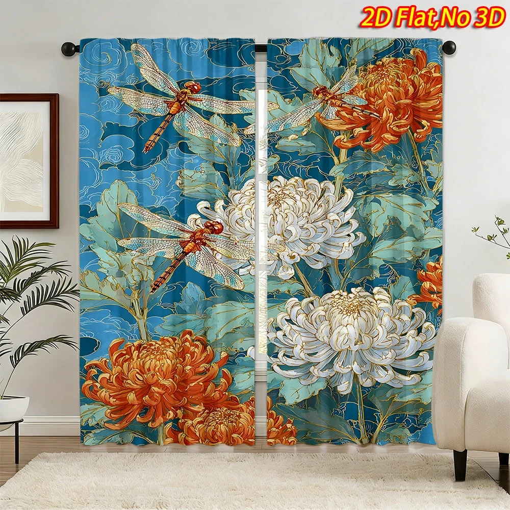 2D Flat Print Dragonfly Chrysanthemum Curtains Polyester Machine Washable Bedroom Living Room Kitchen Asian Art Decor Drapes