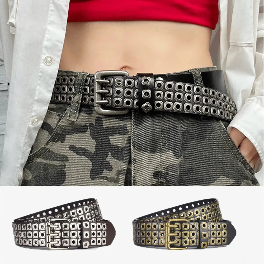 

3.8cm Width PU Leather Belt With Metal Rivet Design For Unisex Punk Style Trouser Jeans Belt 3 Pin Buckles Waistband Goth Belt