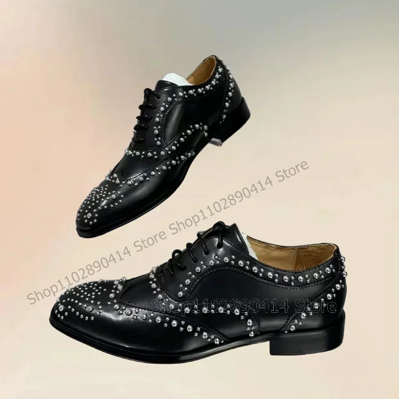 Silver Rivets Decor Black Strappy Square Toe Loafers Fashion Lace Up Men Shoes Luxurious Handmade Party Office Men Dress Shoes - view 2