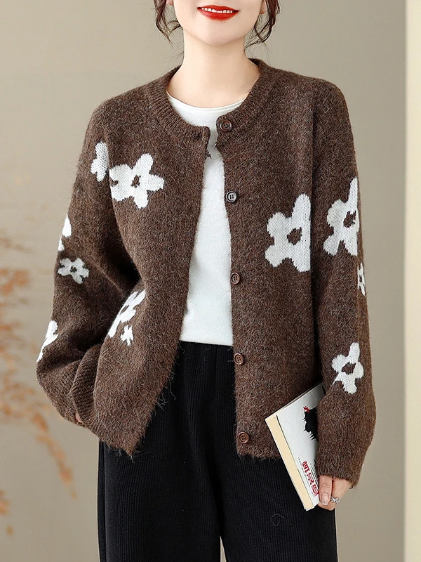 Soft Cozy Knitted Cardigan Women's Floral Print Gentle Sle Autumn Winter Long Sve Sweater Jaet Comfortable Loose Fit