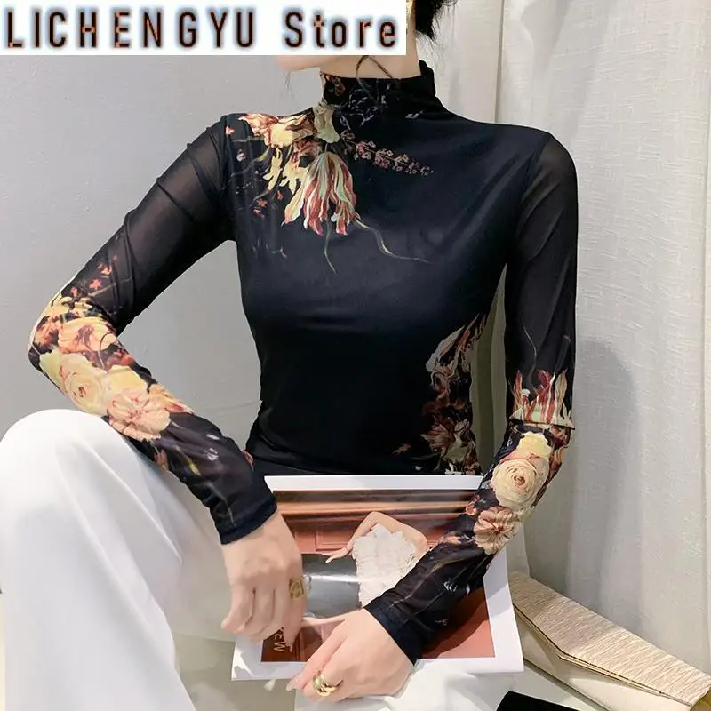 

New Spring and Autumn Women's Turtleneck Long Sleeve Slim Thin Classic Gauze Pullovers Korean Trendy Comfortable Commute Tops