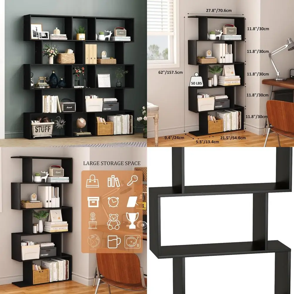 

5-уровневая S-образная современная деревянная книжная полка для спальни и домашнего офиса, черные декоративные витрины