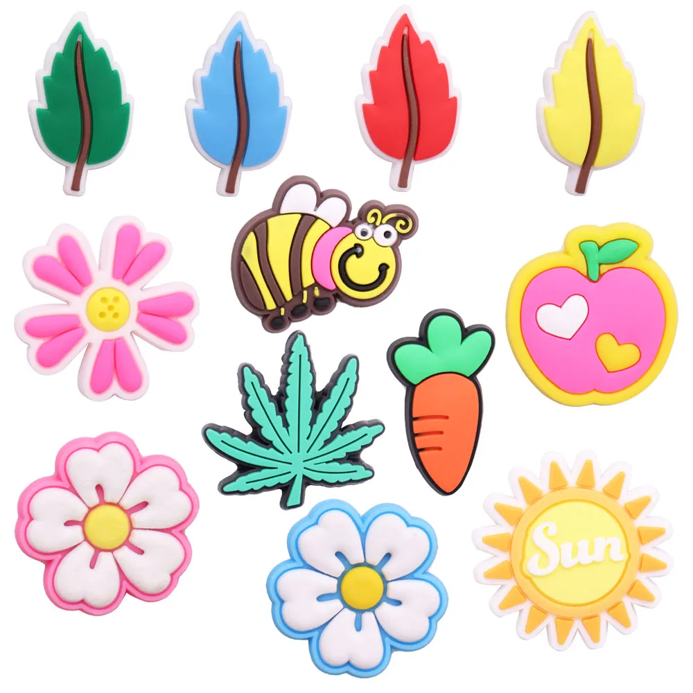 1-12PCS PVC Cute Cartoon Shoe Charms Kawaii Colorful Leaves Flower Sun Apple Heart Carrot Hole Slipper Accessories Decorations