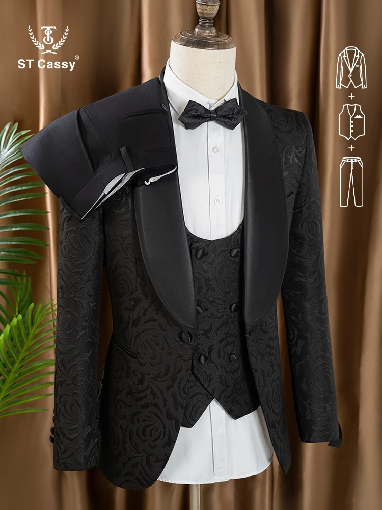 

3-piece set man suit（Jacket+vest+pants）groom's wedding suit set men's white slim fit shawl collar‌ evening gown full set