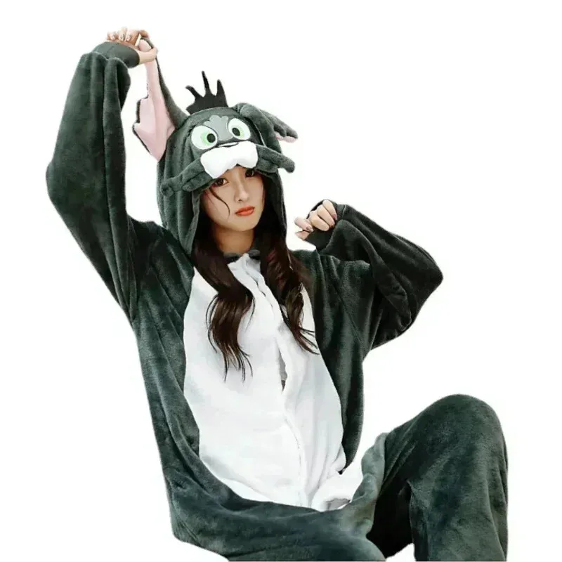 Flanella Nuovo Mouse Grigio Tom Cat Kigurumi Tutina Per Adulti Cartone Animato Pigiama Animale Halloween Party Costume Tute Pigiama Con Cappuccio Vestito