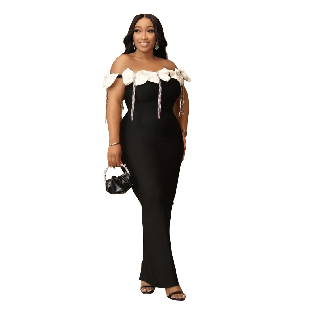 Sukienka damska na lato 2025 z jednym kołnierzykiem, biała, z dużą kokardą i diamentowym łańcuszkiem