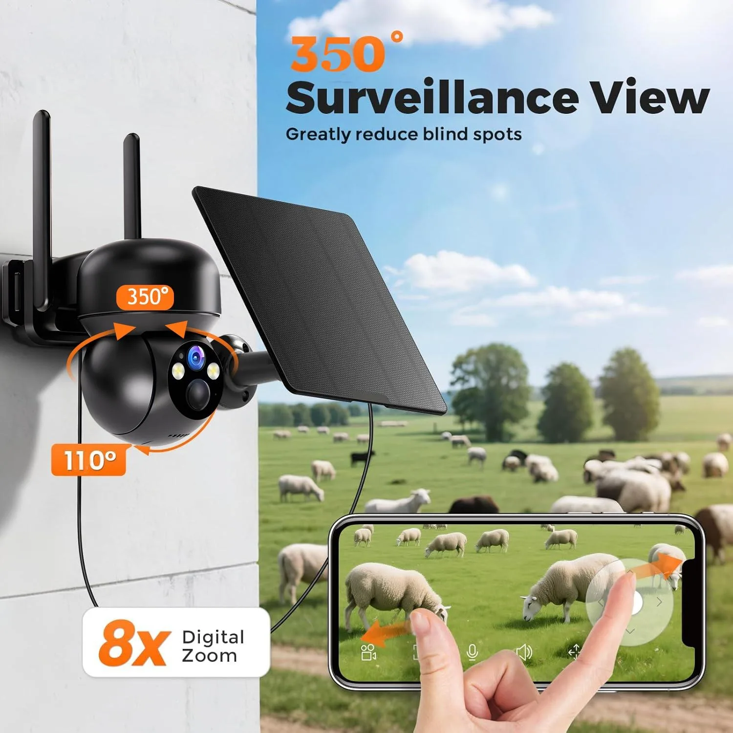 كاميرات مراقبة تعمل بالطاقة الشمسية 4G LTE - 360 °   PT 4K لون للرؤية الليلية نظام الكاميرا الأمنية التحكم عن بعد في الهاتف، 2-Way Talk، 2 دقيقة DI