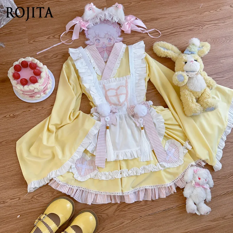 

Original Design Lolita Dress for Women Sweet Cute Japanese Style Maid Sets Top + Skirt + Apron + Back Butterfly