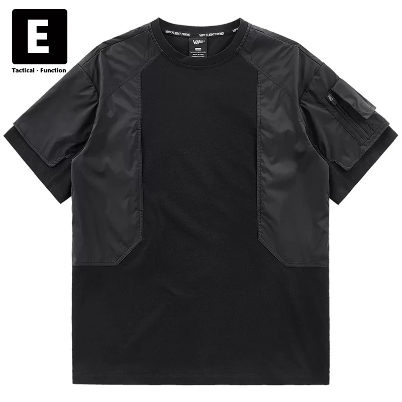 Black Techwear T-shirt Men Summer Short Sleeve Tops Tees Hip Hop Streetwear Sleeve Patchwork Cargo Tshirt Male