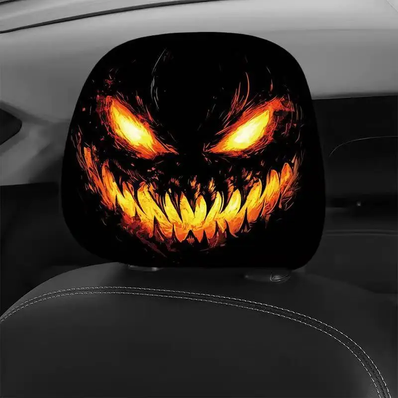 2Pcs Halloween Horror Pumpkin Car Headrest Covers Double Sided Print Universal Auto Neck Pillow Cover Stylish Car Interior Decor
