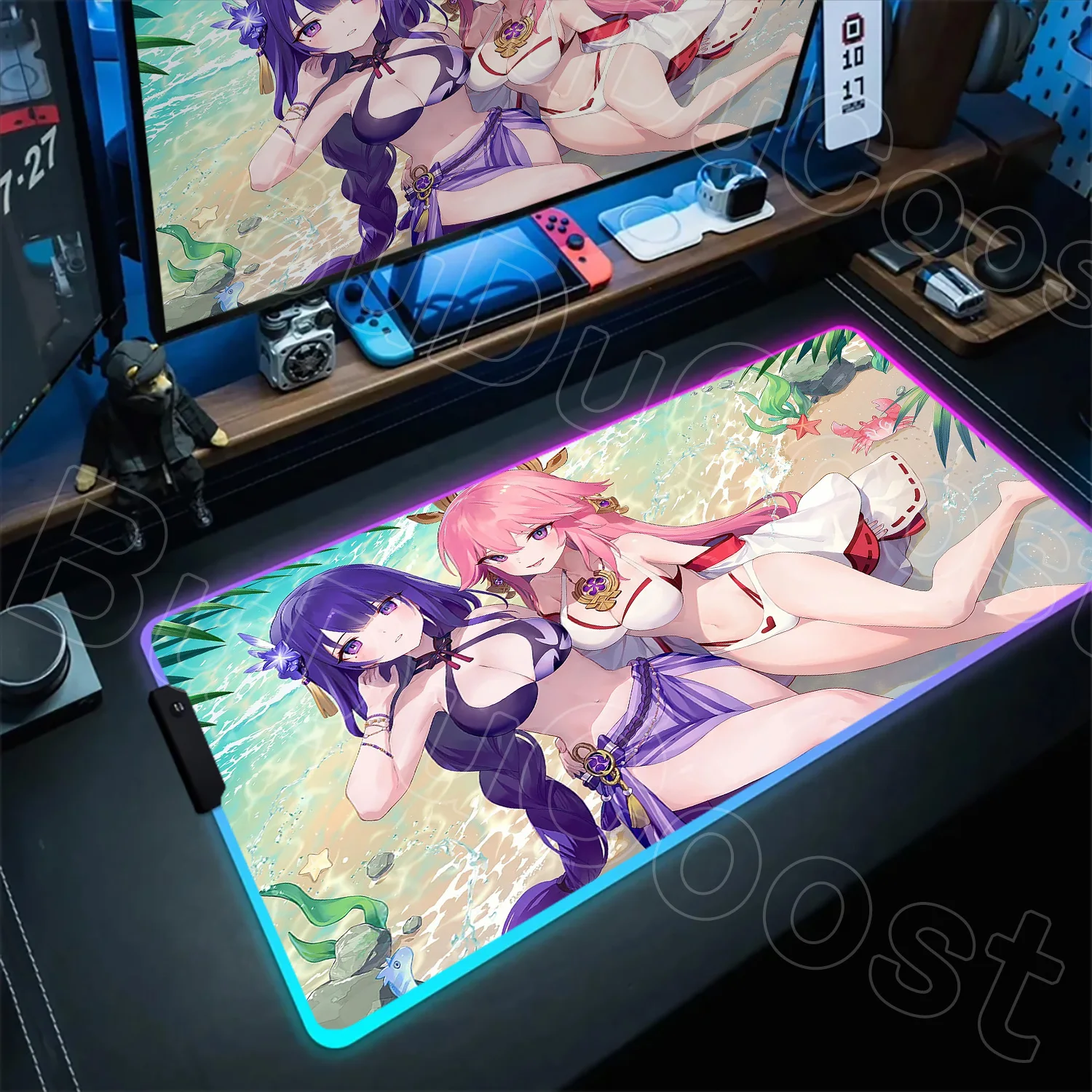 

Genshin Impact Yae Miko and Raiden Shogun RGB Mouse Pad Gaming Desk Mats Non-slip Rubber Deskmat Laptop Anime Cute Girl Mousepad