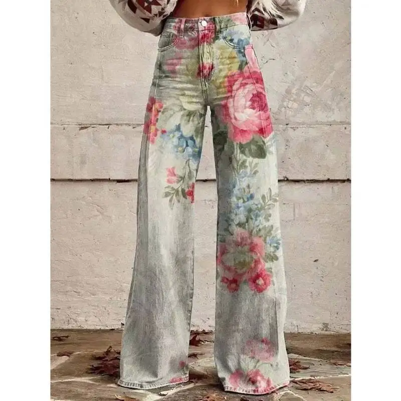 กางเกงแฟชั่นพิมพ์ลาย 3 มิติ สไตล์เรโทร ปี 2025 เอวสูง ทรงหลวม ขากว้าง สำหรับผู้หญิง สไตล์ฮาราจูกุ เหมาะสำหรับฤดูใบไม้ผลิและฤดูร้อน