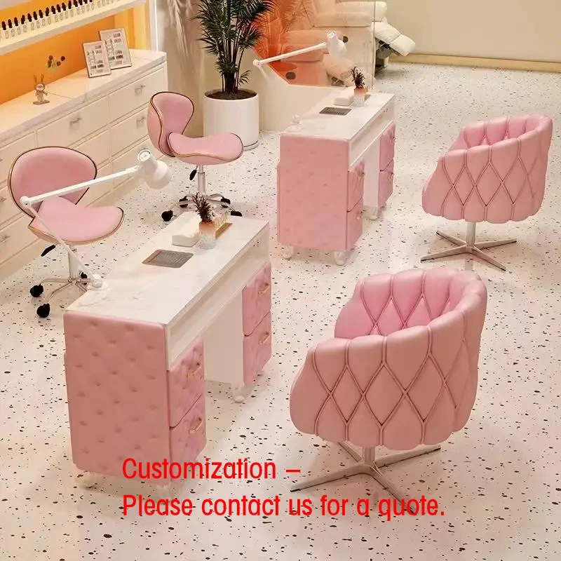 custom.Modern Pink Nail Table Set with Marble Top & Dust Collector, Luxury Manicure Station with Chairs Beauty Salon
