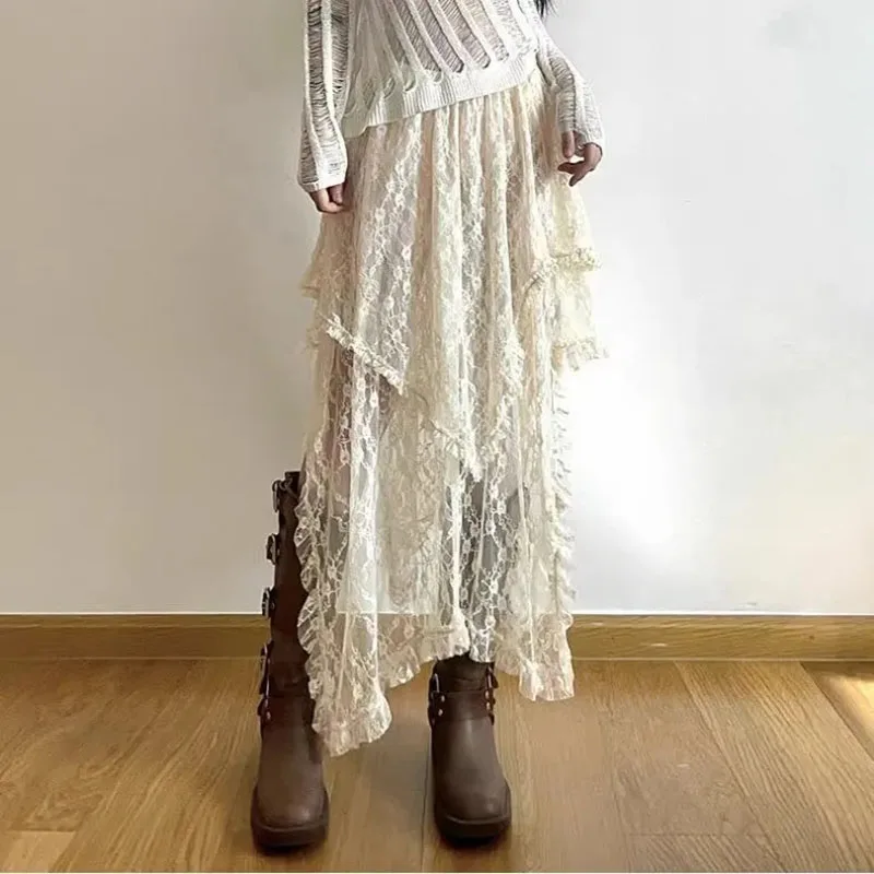 Women Vintage Y2K Boho Aesthetic Fashion High Waist Mid Skirts Lace Asymmetrical Skirt Summer Ladies Holiday Outfits