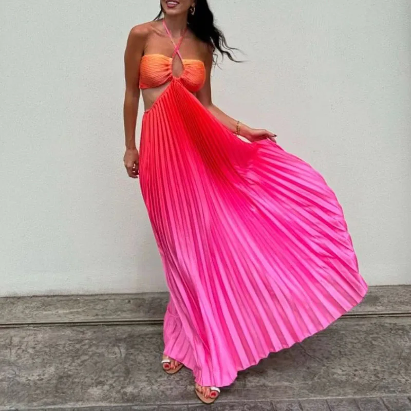 Women Fashion Hollow Pleated Vocation Dress Elegant Gradient Colour Hanging Neck Party Dress Sexy Sleeveless Backless Long Dress