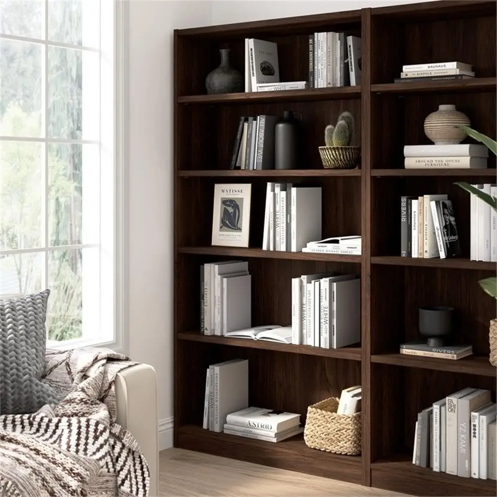 Tall 5 Shelf Bookcase Walnut Finish Engineered Wood 72 in Adjustable & Fixed Shelves Storage Display Home Office Living Room, Cu