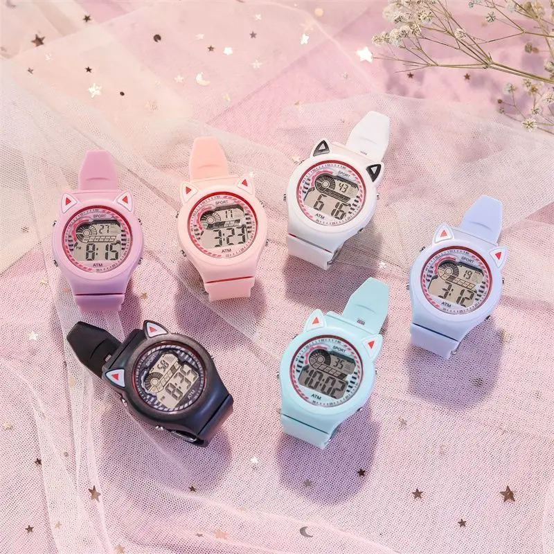 Jam tangan silikon anak perempuan cantik Dial telinga kucing elektronik LED jam tangan anak-anak kartun Jepang jam tangan tahan air ulang tahun