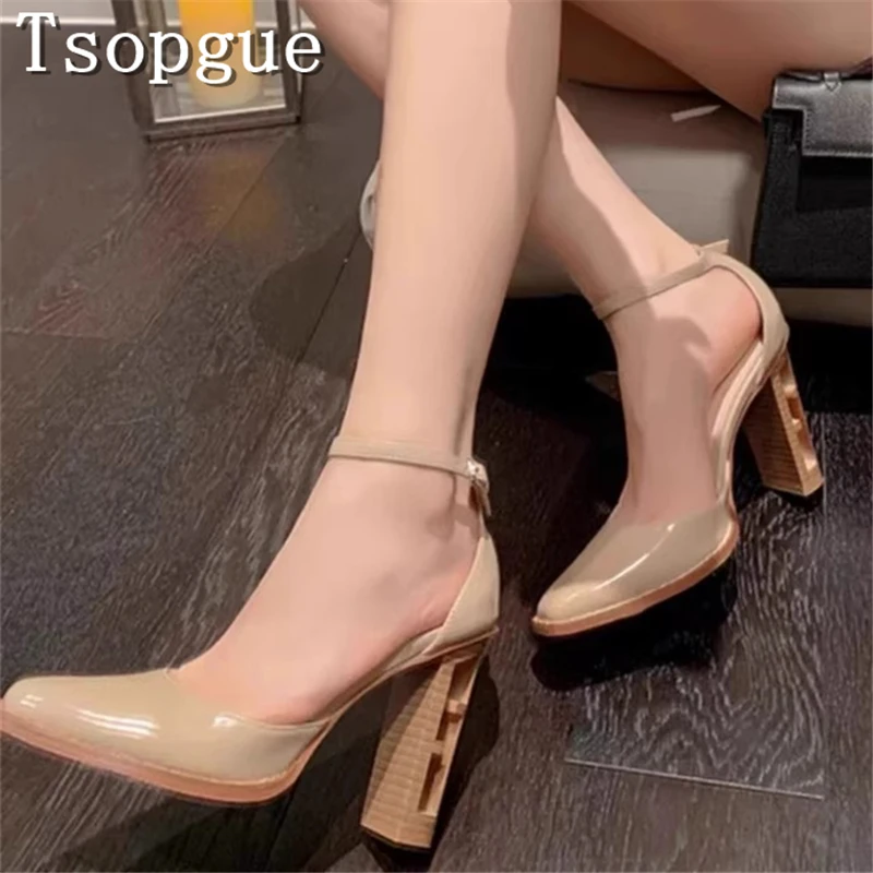 

Summer New Style Women Chunky Heel Sandals Pointed Toe Ankle Strap High Heels Pumps Fashion Party Work Dress Shoes
