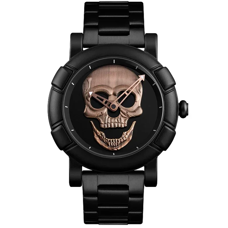 Reloj de cuarzo con esfera de oro negro para Hombre, diseño de cabeza de calavera 3D, acero inoxidable, Steampunk Rock grabado, Cool Mexico, Reloj para Hombre