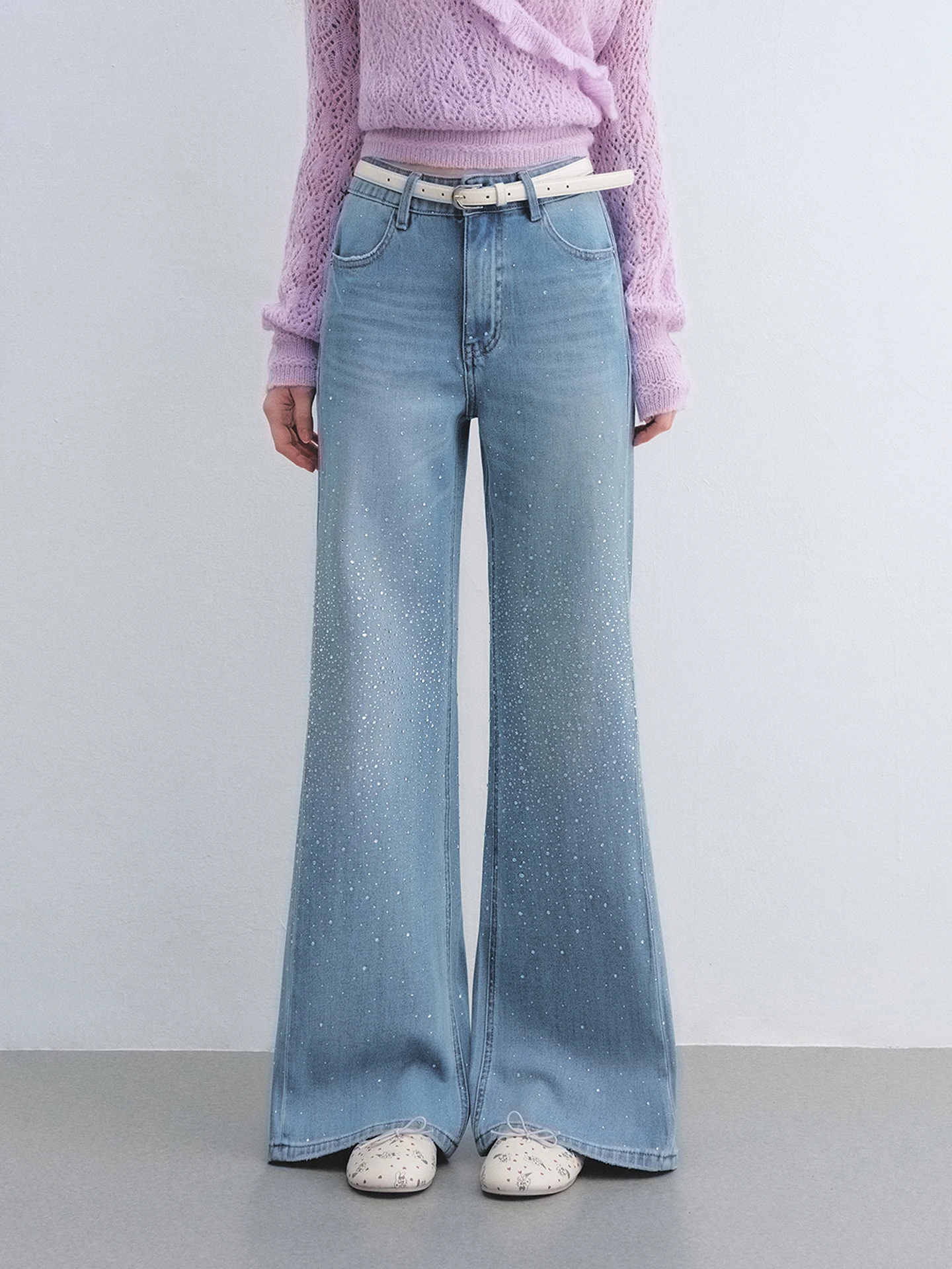 Washed Blue Rhinestone Micro Flare Jeans Slimming Non Fitting Star Burst Flash Pants Casual High Waist Moderate Stretch