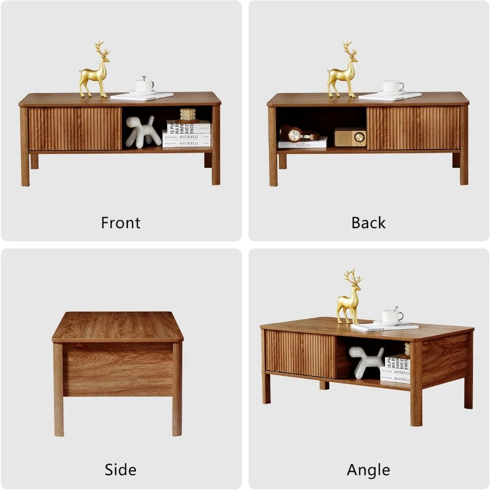 Mid-Century Modern Low Rectangle Coffee Table with Storage, Light Wood Finish, Rustic Fluted Design for Living Room