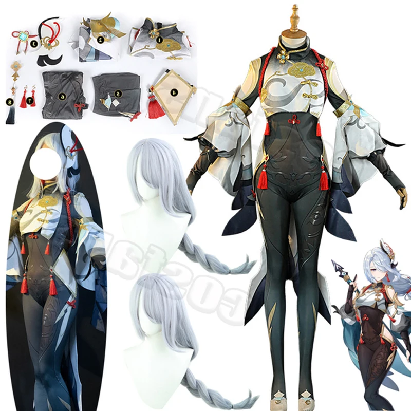 Shenhe cosplay genshin impacto traje jogo terno uniforme perucas de halloween shen ele sapatos adereços carnaval festa roupa para presentes femininos