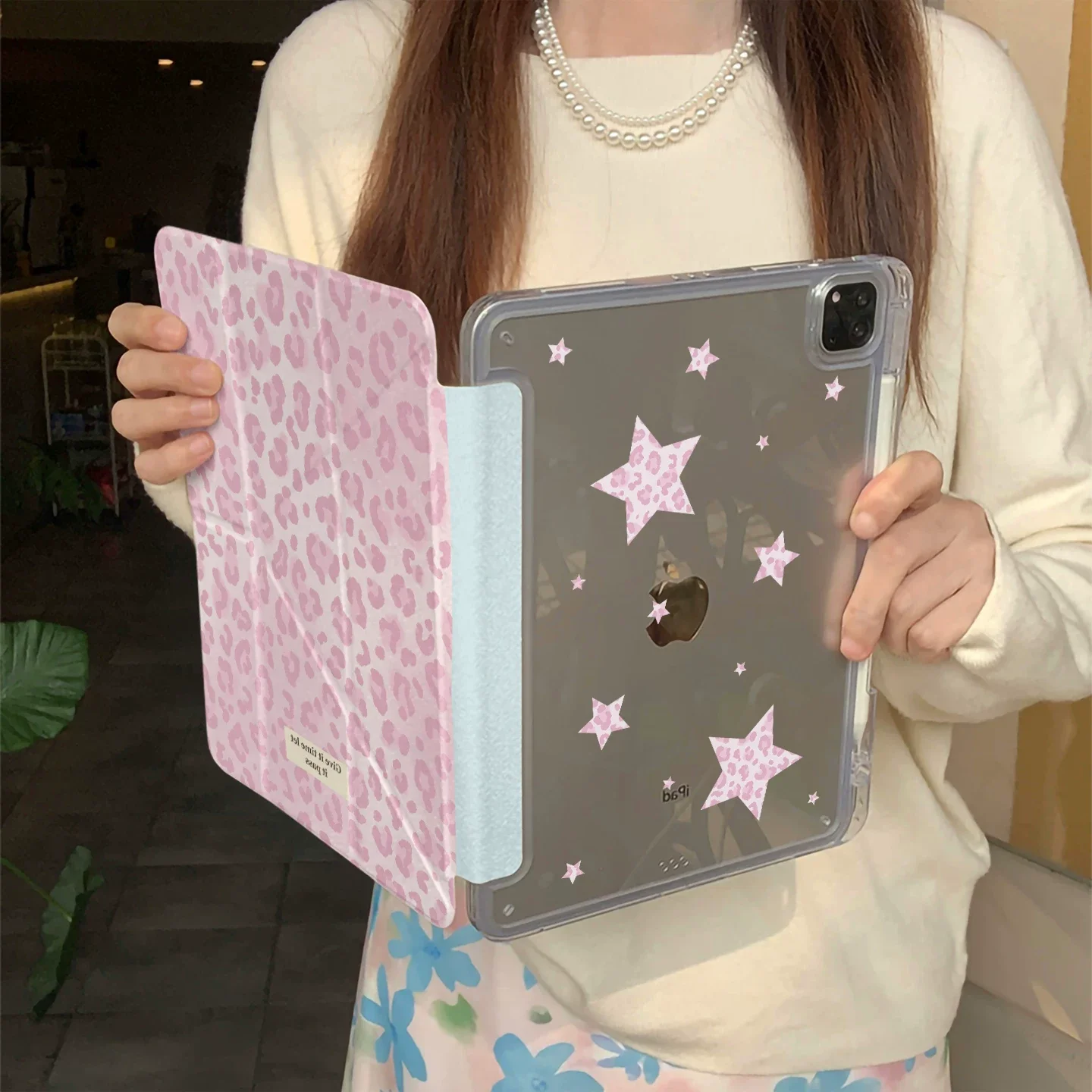 Pink Stars Leopard Print For iPad Case iPad 11 Air 7 6 5 10 10.2” 10.9” Mini 7 Cute Y-Fold Shockproof Cover with Pencil Slot