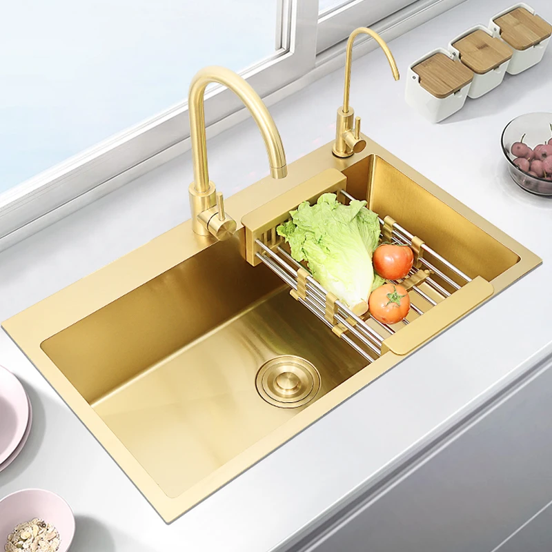 Kitchen vegetable basin 304 stainless steel sink large single slot nano gold manual dishwasher household thickened sink