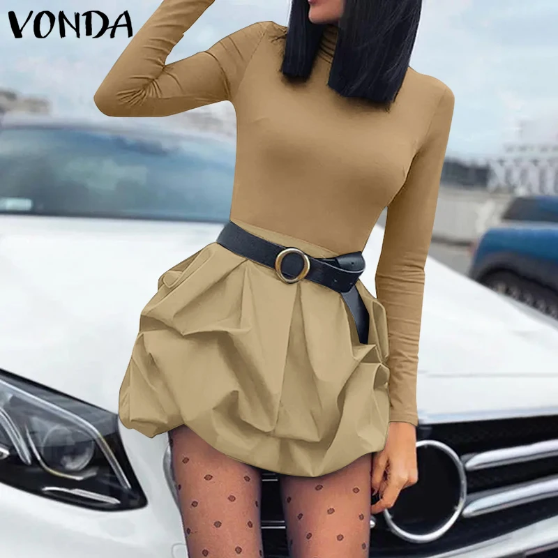 

Plus Size 5XL VONDA Women Mini Dress 2026 Elegant Solid Color Well Fitting Long Sleeve Vestidos Casual Pleated Party Sundress