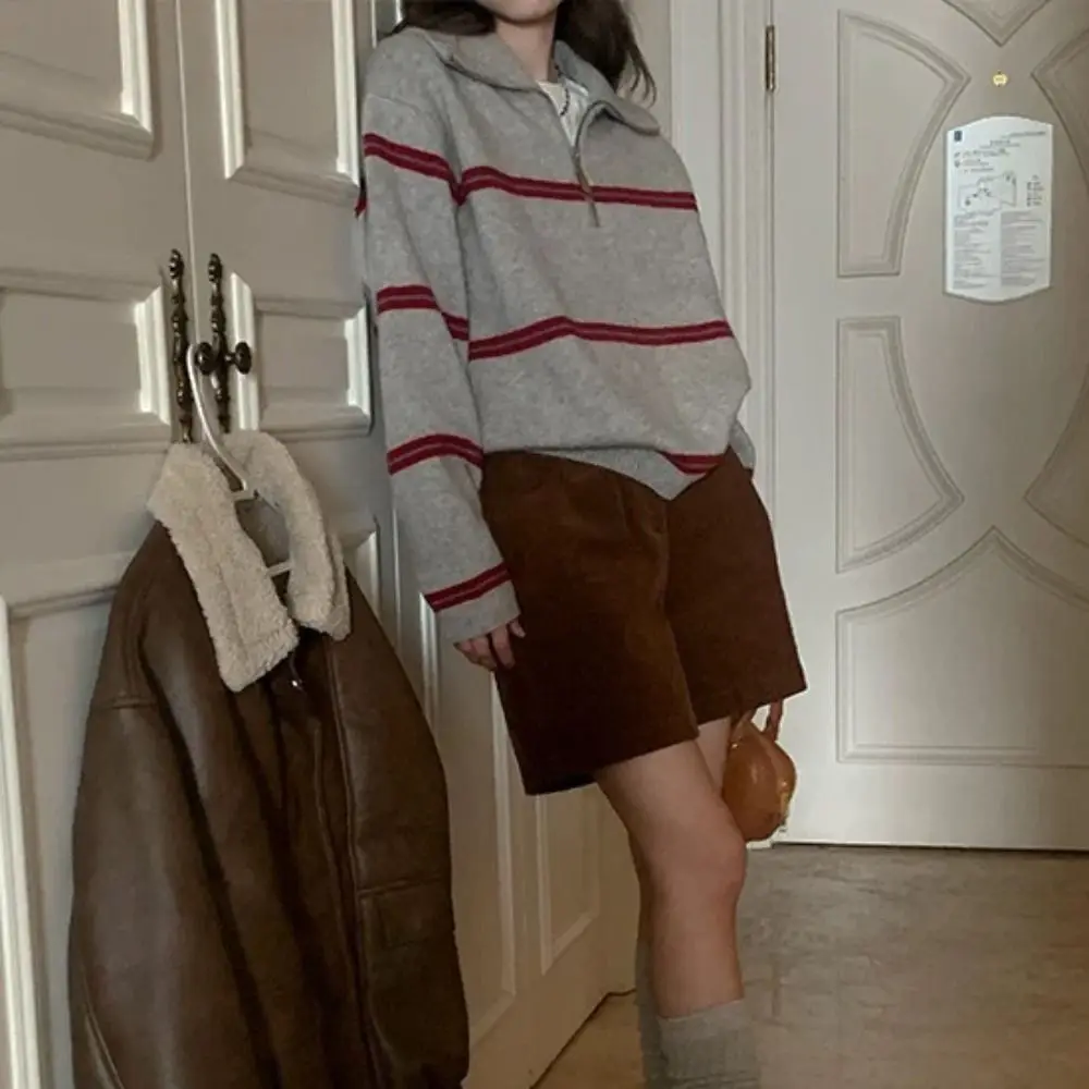 Korean Style Long Sleeve Knit Stripe Hoodie Autumn Casual Crochet Knitwear Sweater Loose Sweet Girl's Pullover Girl