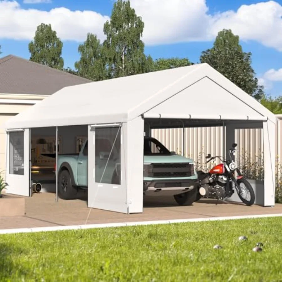Carport, Feet Heavy Duty Carport with Roll-up Windows Portable Garage with Removable Sidewalls, Car Canopy with Sandbags and Al